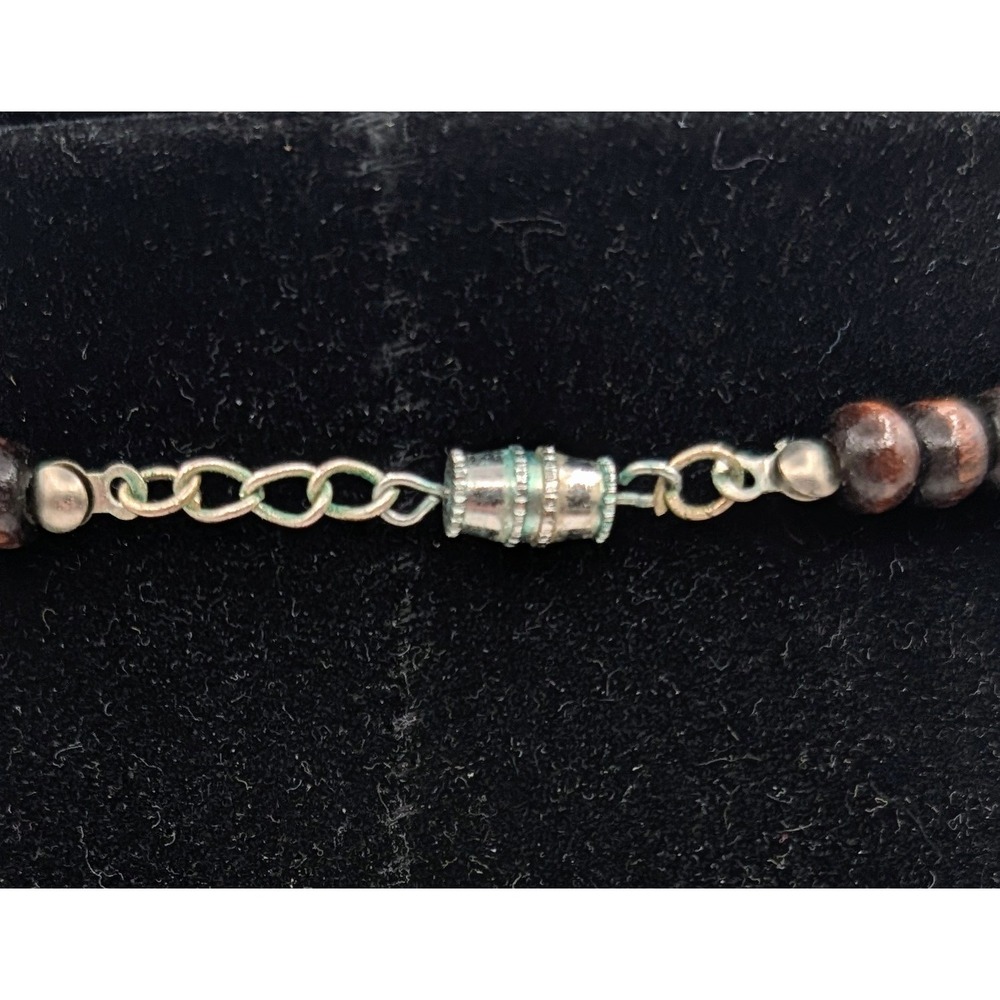 Vintage Boho Wood and Amber Acrylic Beaded Necklace Silver Tone Spacers 28 Inch - Picture 4 of 5